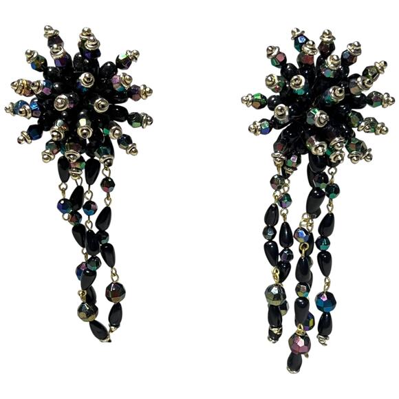 Black Iridescent Chandelier Clip On Earrings Vintage Statement - Picture 6 of 12